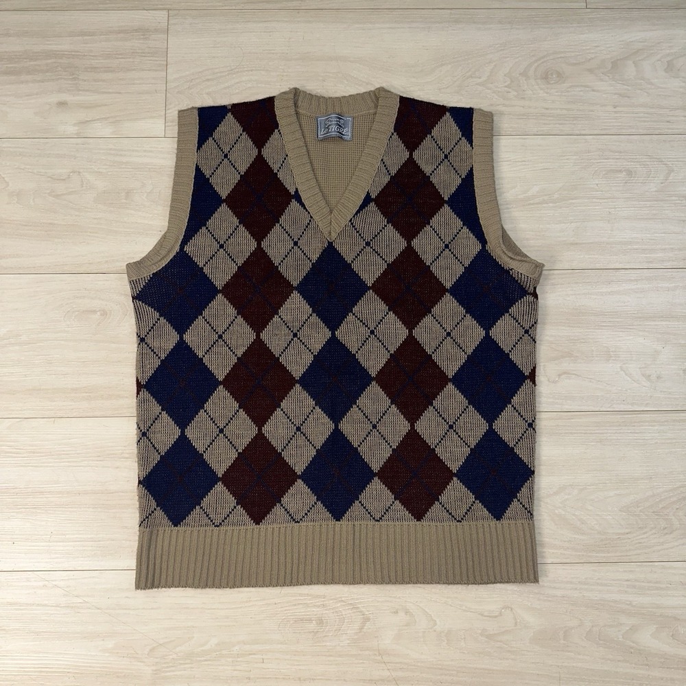 Vintage‎ Le Tigre Sweater Vest Size Large Brown Blue Argyle V Neck Pullover USA